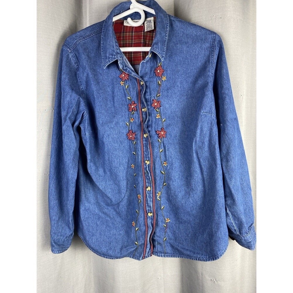 Cabin Creek Women's Sz Petite L Button Down Denim With Flowers Top